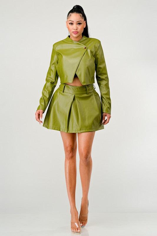 Button Up Pu Leather jacket and Skirt Set - Fashionistas Showroom