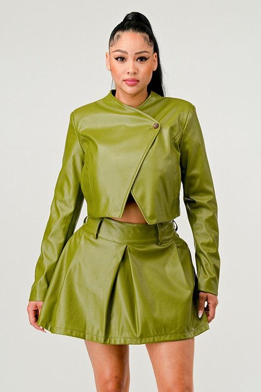 Button Up Pu Leather jacket and Skirt Set - Fashionistas Showroom