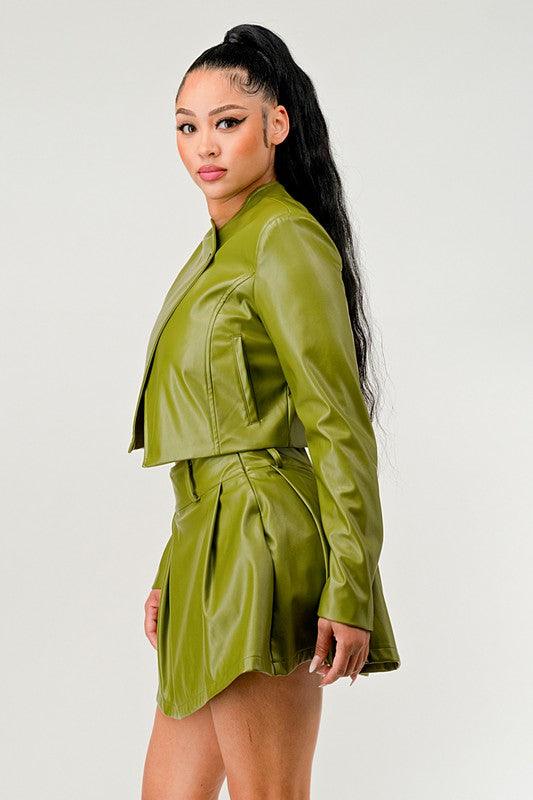 Button Up Pu Leather jacket and Skirt Set - Fashionistas Showroom
