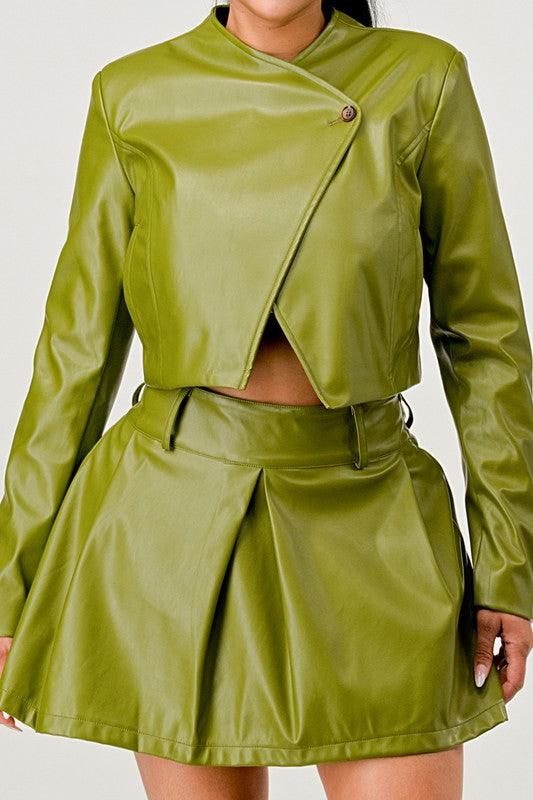 Button Up Pu Leather jacket and Skirt Set - Fashionistas Showroom