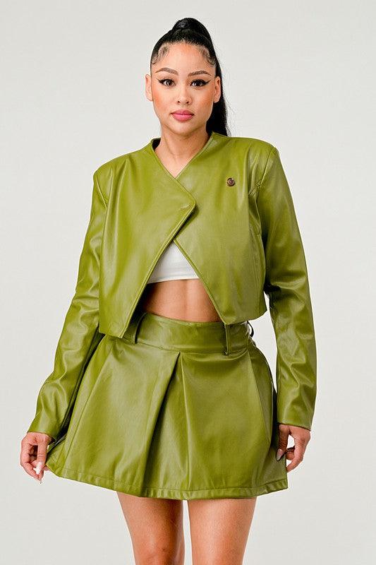 Button Up Pu Leather jacket and Skirt Set - Fashionistas Showroom