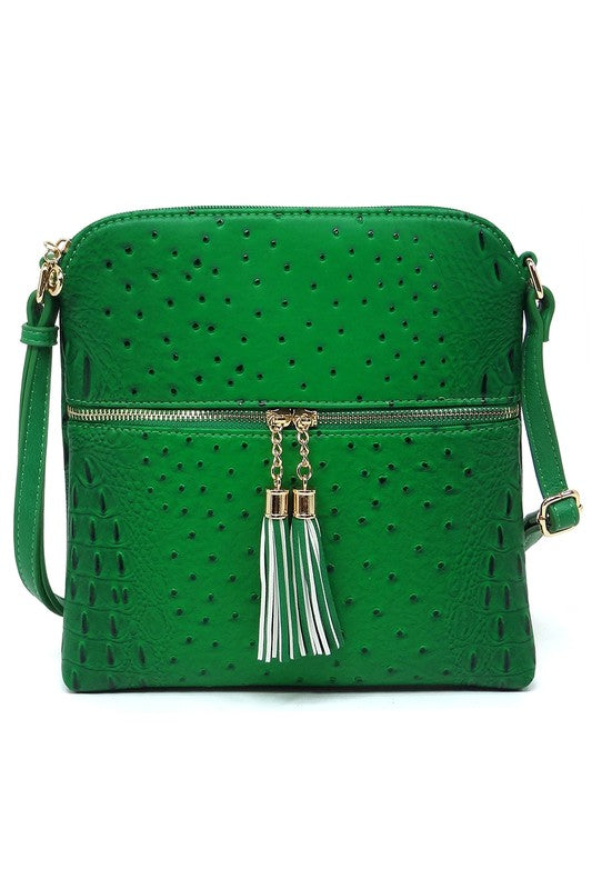Ostrich Croc Zip Tassel Crossbody Bag - Fashionistas Showroom