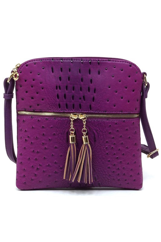 Ostrich Croc Zip Tassel Crossbody Bag - Fashionistas Showroom