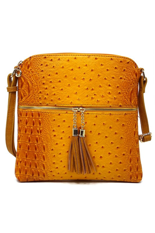 Ostrich Croc Zip Tassel Crossbody Bag - Fashionistas Showroom