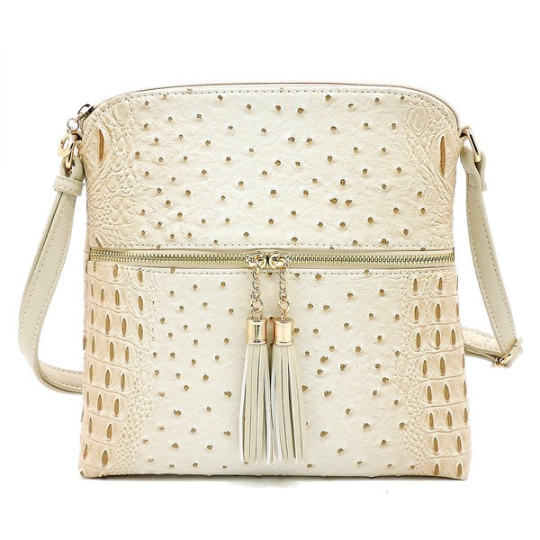 Ostrich Croc Zip Tassel Crossbody Bag - Fashionistas Showroom