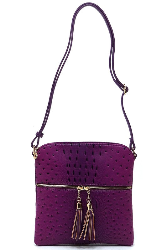 Ostrich Croc Zip Tassel Crossbody Bag - Fashionistas Showroom