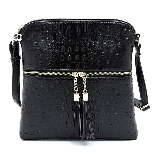 Ostrich Croc Zip Tassel Crossbody Bag - Fashionistas Showroom