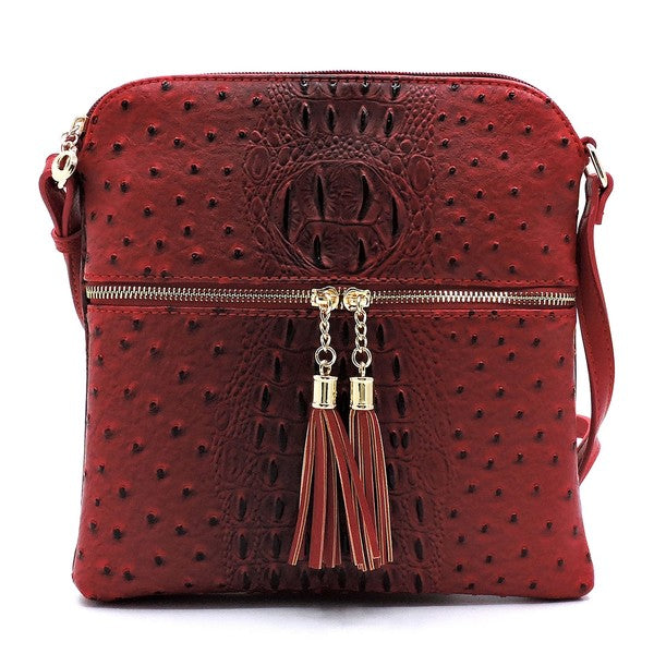 Ostrich Croc Zip Tassel Crossbody Bag - Fashionistas Showroom