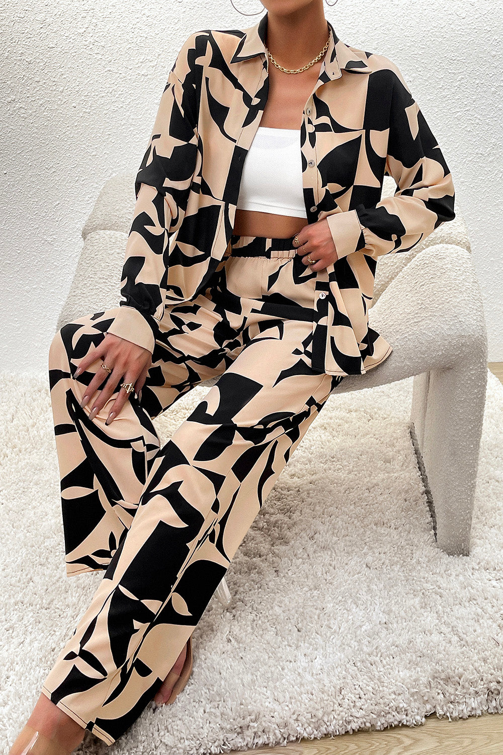 Printed Button Up Shirt and Pants Set - Fashionistas Showroom