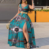 Sexy V-neck Print Swing Dress Women With Belt - Fashionistas Showroom
