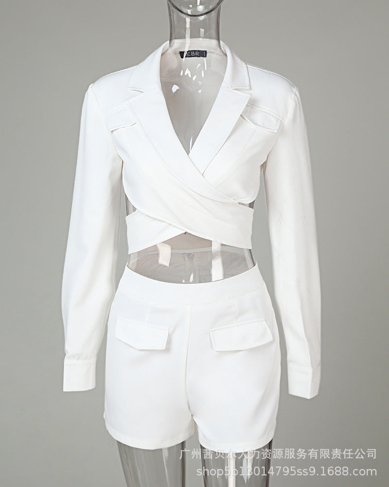 New White V-neck Cross Top + Shorts - Fashionistas Showroom