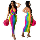 Fashionable And Sexy Deep V Striped Gradient Printed Suspender Hip Skirt