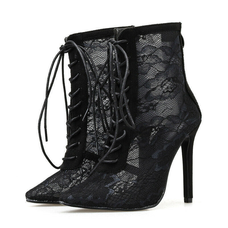 New Sexy Pointed Toe Front Lace Hollow Lace High Stiletto Ladies Large Size Fashion Sandals - Fashionistas Showroom