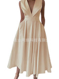 2023 New Cross-border Foreign Trade European And American Women's Summer Sleeveless Waist Slip Pocket Large Swing Mid-length Solid Color Dress