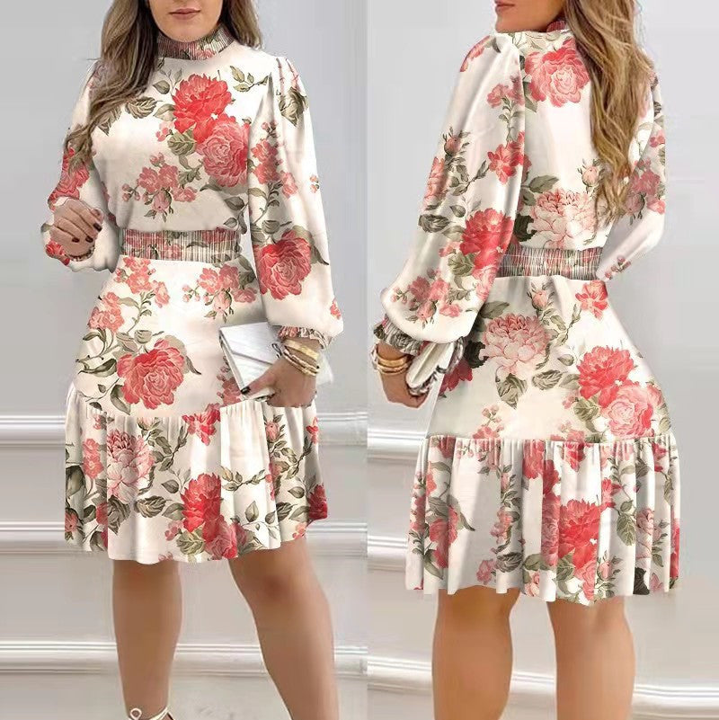 European And American Amazon Floral Print Lantern Sleeve Smocked Ruffle Dress - Fashionistas Showroom
