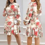 European And American Amazon Floral Print Lantern Sleeve Smocked Ruffle Dress - Fashionistas Showroom