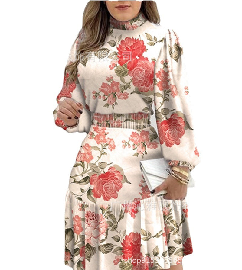 European And American Amazon Floral Print Lantern Sleeve Smocked Ruffle Dress - Fashionistas Showroom