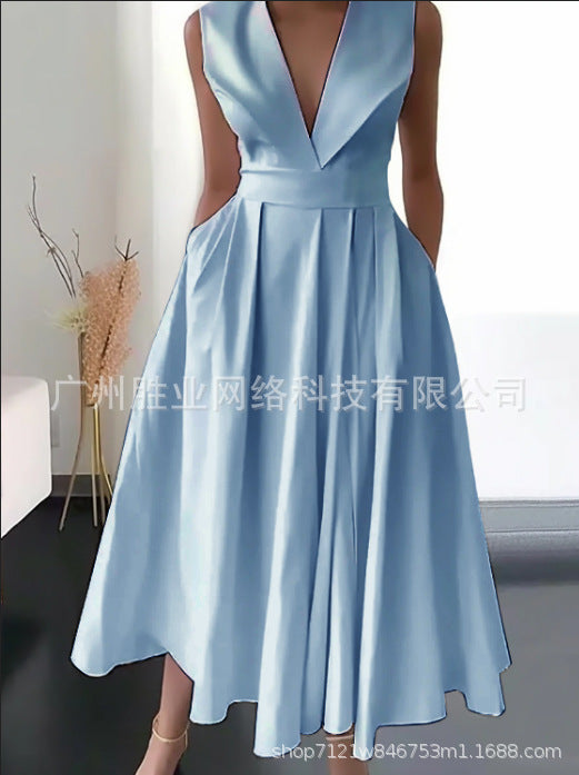 2023 New Cross-border Foreign Trade European And American Women's Summer Sleeveless Waist Slip Pocket Large Swing Mid-length Solid Color Dress