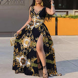 Sexy V-neck Print Swing Dress Women With Belt