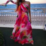 Rainbow Print Pleated Waist Dress - Fashionistas Showroom