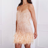Sequin Dress European And American Tassel Feather Sequin Dress Sexy V-neck Strap Dress