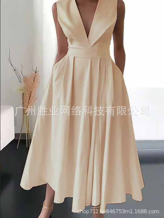 2023 New Cross-border Foreign Trade European And American Women's Summer Sleeveless Waist Slip Pocket Large Swing Mid-length Solid Color Dress