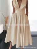 2023 New Cross-border Foreign Trade European And American Women's Summer Sleeveless Waist Slip Pocket Large Swing Mid-length Solid Color Dress