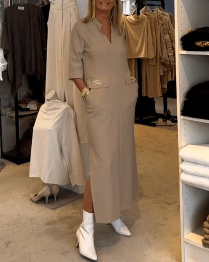 Temperament Lapel Button Pocket Dress - Fashionistas Showroom