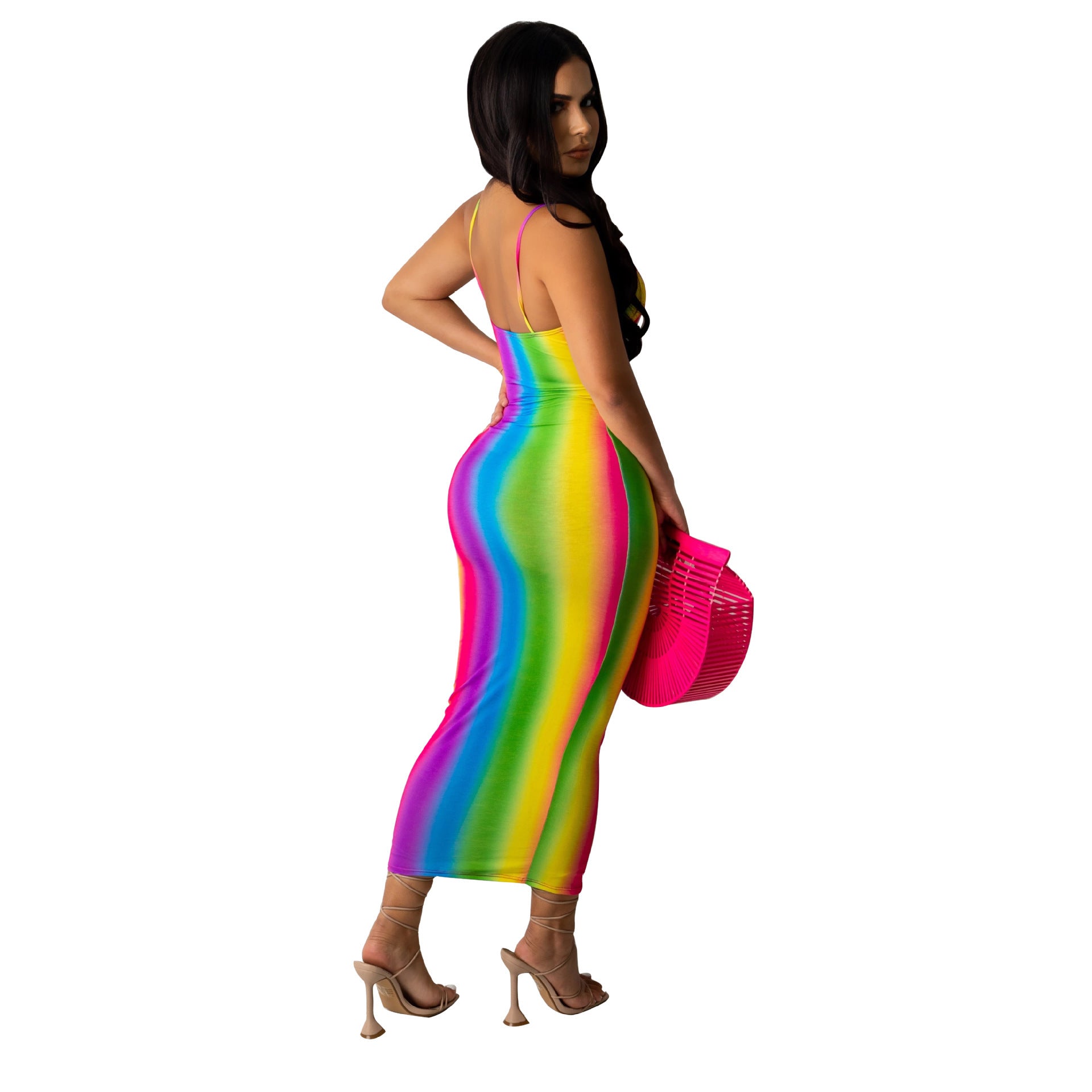 Fashionable And Sexy Deep V Striped Gradient Printed Suspender Hip Skirt - Fashionistas Showroom