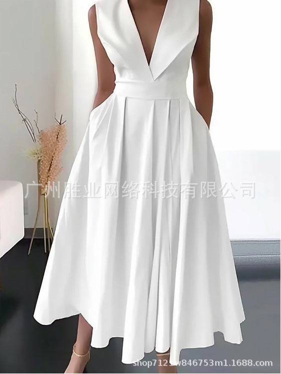 2023 New Cross-border Foreign Trade European And American Women's Summer Sleeveless Waist Slip Pocket Large Swing Mid-length Solid Color Dress