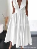 2023 New Cross-border Foreign Trade European And American Women's Summer Sleeveless Waist Slip Pocket Large Swing Mid-length Solid Color Dress