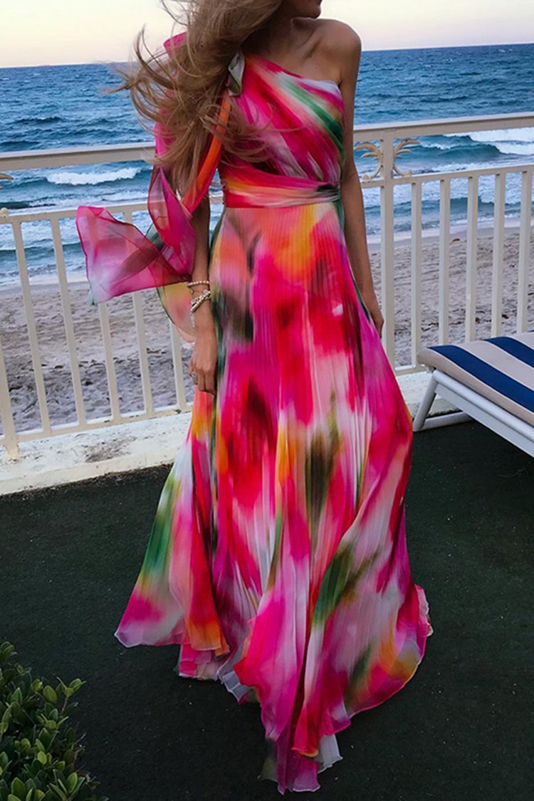 Rainbow Print Pleated Waist Dress - Fashionistas Showroom