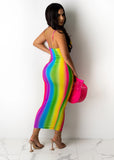 Fashionable And Sexy Deep V Striped Gradient Printed Suspender Hip Skirt - Fashionistas Showroom