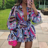 Cross-border Autumn Fashion V-neck Print Temperament Ruffle Short Dress