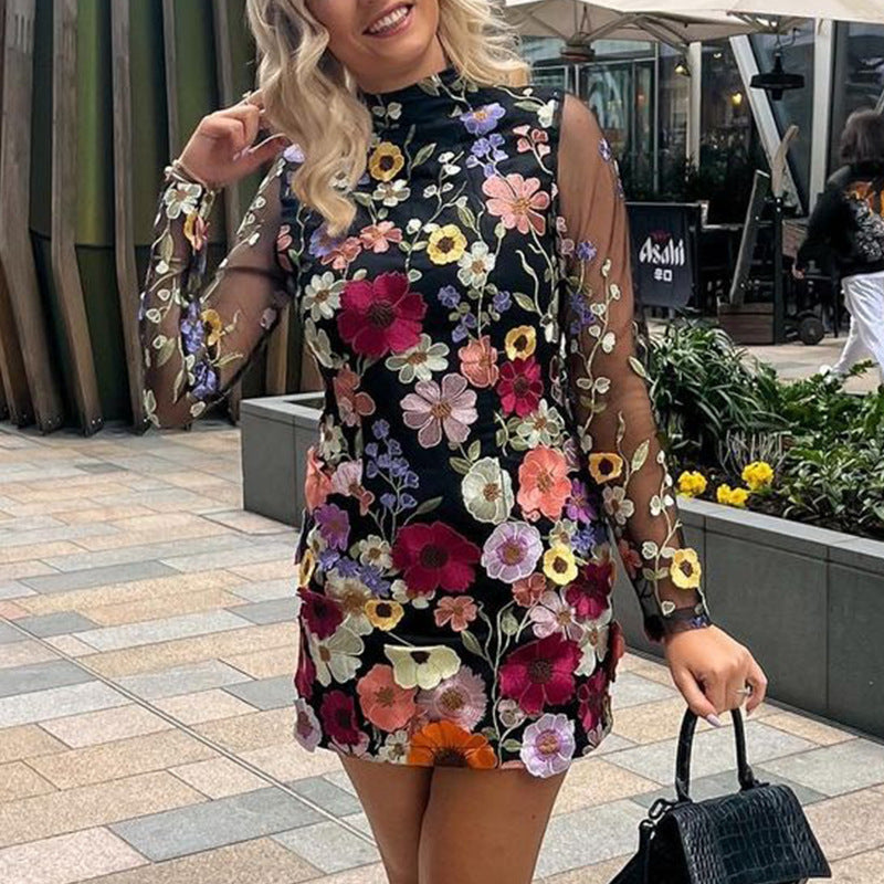Three-dimensional Flower Mesh Lace Embroidered Sexy Dress - Fashionistas Showroom