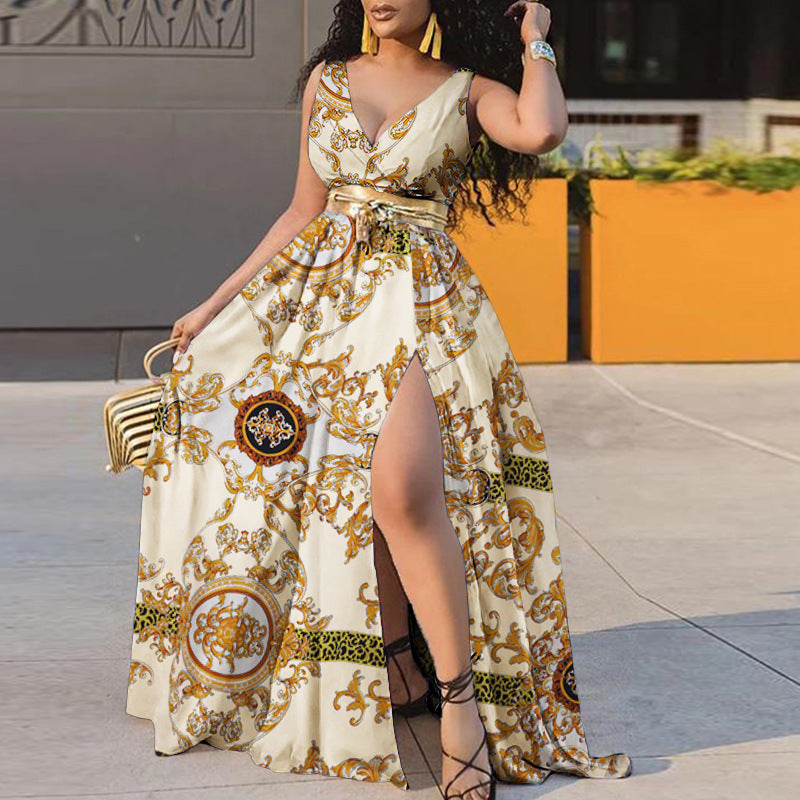 Sexy V-neck Print Swing Dress Women With Belt - Fashionistas Showroom