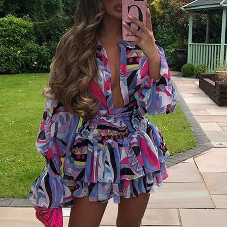 Cross-border Autumn Fashion V-neck Print Temperament Ruffle Short Dress - Fashionistas Showroom