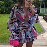 Cross-border Autumn Fashion V-neck Print Temperament Ruffle Short Dress - Fashionistas Showroom