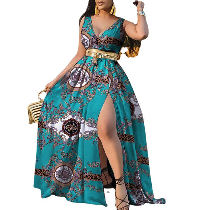 Sexy V-neck Print Swing Dress Women With Belt - Fashionistas Showroom