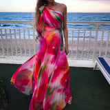 Rainbow Print Pleated Waist Dress