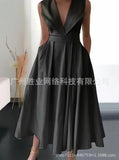 2023 New Cross-border Foreign Trade European And American Women's Summer Sleeveless Waist Slip Pocket Large Swing Mid-length Solid Color Dress