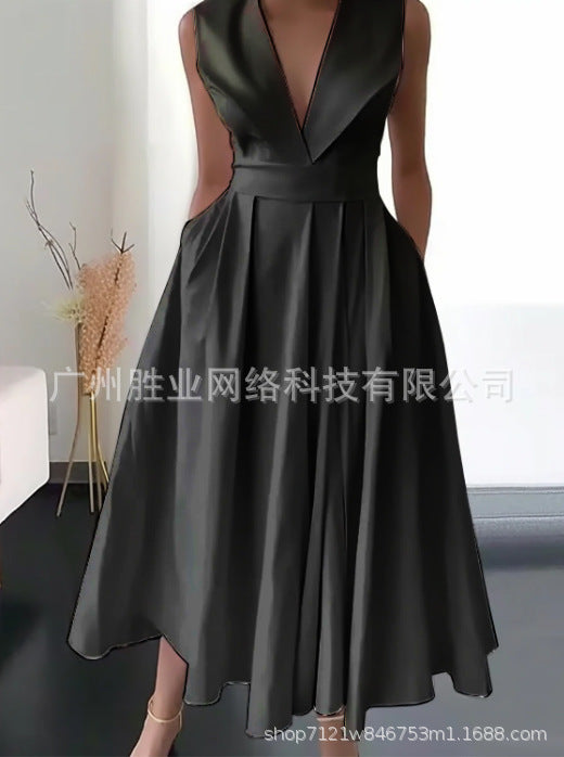 2023 New Cross-border Foreign Trade European And American Women's Summer Sleeveless Waist Slip Pocket Large Swing Mid-length Solid Color Dress