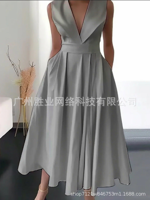 2023 New Cross-border Foreign Trade European And American Women's Summer Sleeveless Waist Slip Pocket Large Swing Mid-length Solid Color Dress