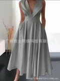 2023 New Cross-border Foreign Trade European And American Women's Summer Sleeveless Waist Slip Pocket Large Swing Mid-length Solid Color Dress