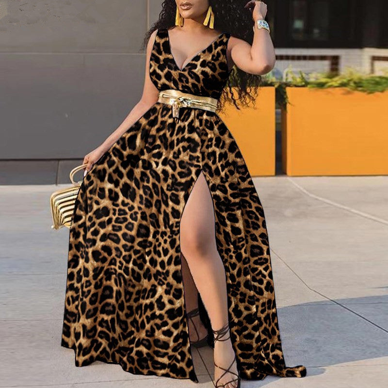 Sexy V-neck Print Swing Dress Women With Belt - Fashionistas Showroom