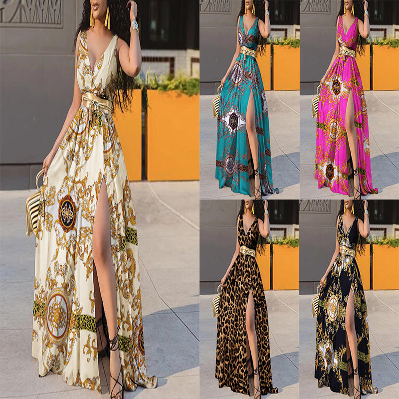 Sexy V-neck Print Swing Dress Women With Belt - Fashionistas Showroom