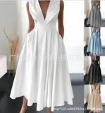 2023 New Cross-border Foreign Trade European And American Women's Summer Sleeveless Waist Slip Pocket Large Swing Mid-length Solid Color Dress