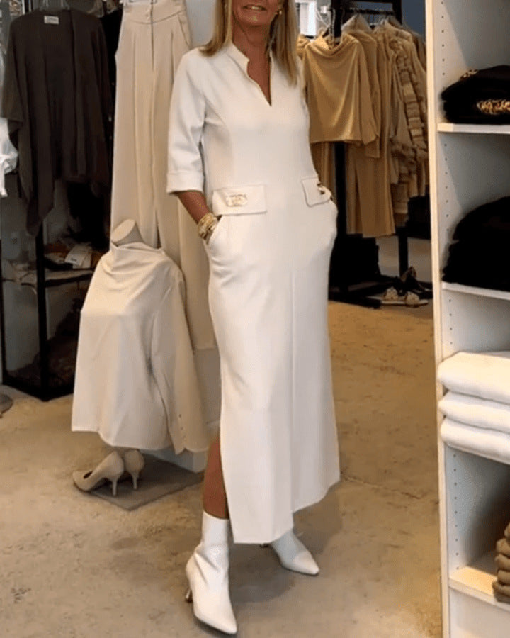 Temperament Lapel Button Pocket Dress - Fashionistas Showroom