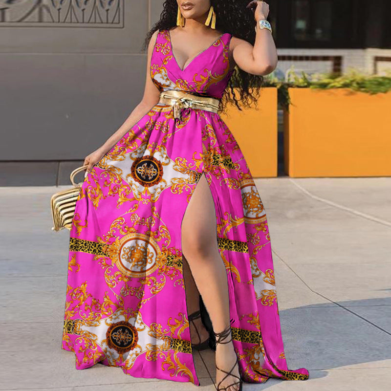 Sexy V-neck Print Swing Dress Women With Belt - Fashionistas Showroom