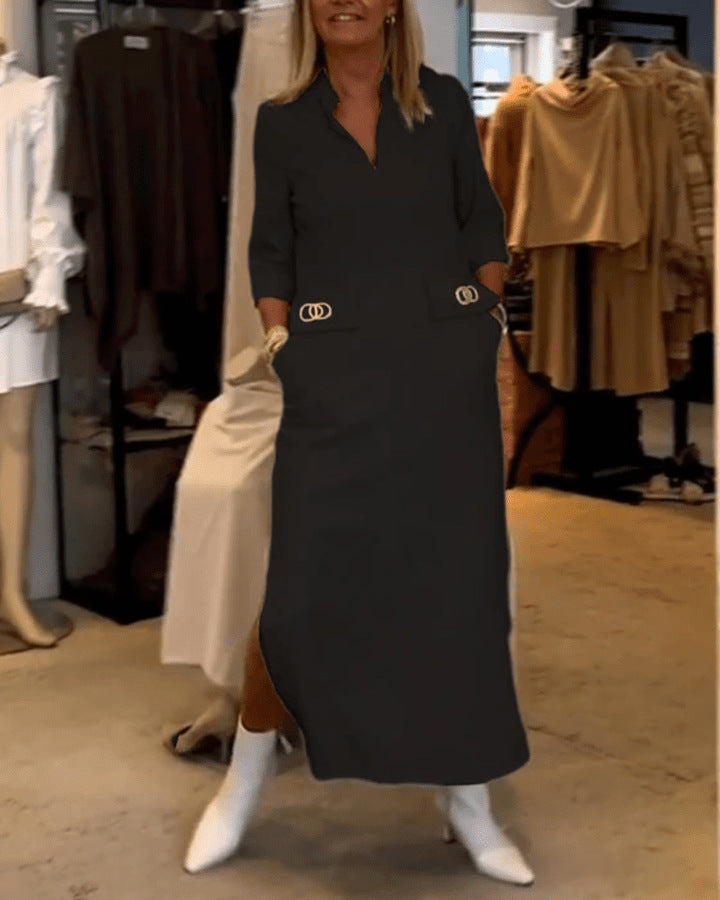 Temperament Lapel Button Pocket Dress - Fashionistas Showroom
